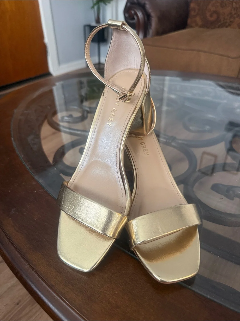 Birdy Grey Gold Block Heel Ankle-Strap Sandals